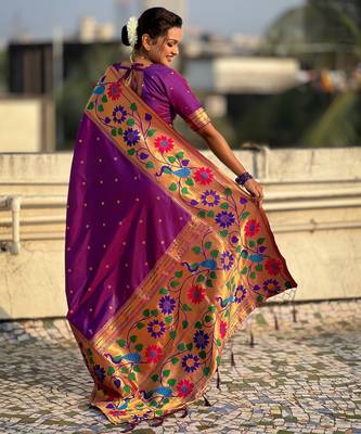 purple paithani silk blend woven partywear saree 2