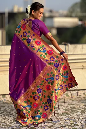 purple paithani silk blend woven partywear saree