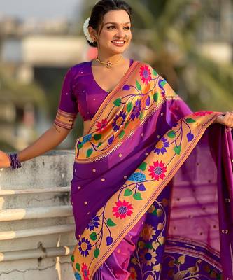 purple paithani silk blend woven partywear saree 3