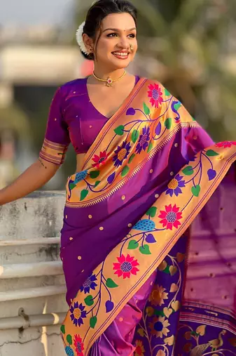 purple paithani silk blend woven partywear saree