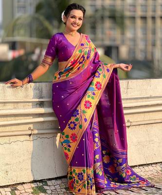 purple paithani silk blend woven partywear saree 4