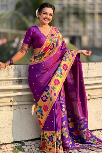 purple paithani silk blend woven partywear saree