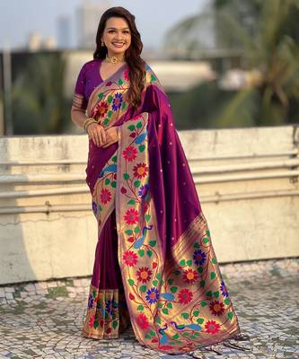 wine paithani silk blend woven partywear saree 1