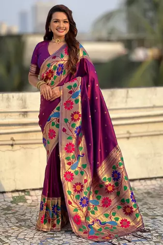 wine color paithani silk blend fabric woven designer partywear saree