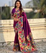 wine color paithani silk blend fabric woven designer partywear saree