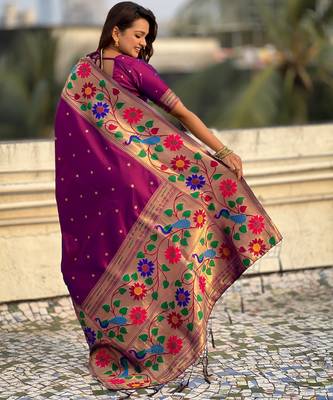 wine paithani silk blend woven partywear saree 2