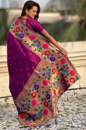 wine paithani silk blend woven partywear saree