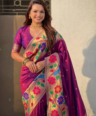 wine paithani silk blend woven partywear saree 3