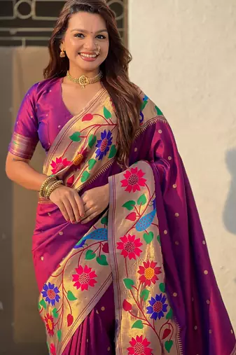 wine paithani silk blend woven partywear saree