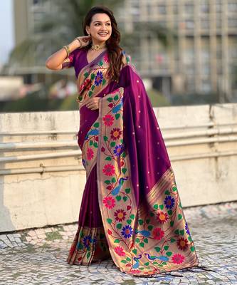 wine paithani silk blend woven partywear saree 4