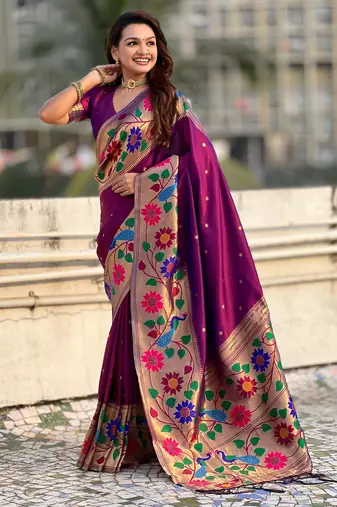wine paithani silk blend woven partywear saree