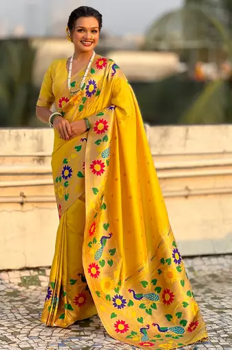 yellow color paithani silk blend fabric woven designer partywear saree