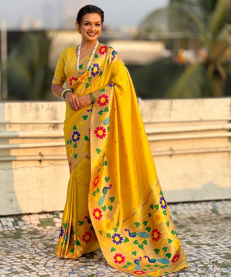 yellow color paithani silk blend fabric woven designer partywear saree