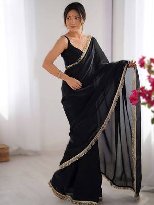 Black soft space silk blend saree with sequin zalar lace border & matching blouse 1