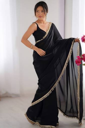 Black soft space silk saree with sequin zalar lace border & matching blouse