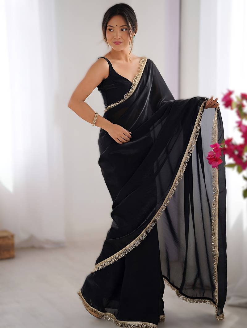 Black soft space silk saree with sequin zalar lace border & matching blouse