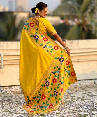 yellow paithani silk blend woven partywear saree 2