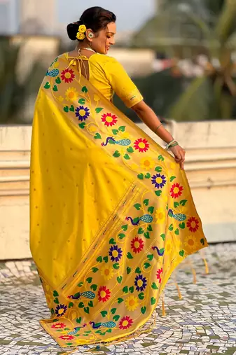 yellow paithani silk blend woven partywear saree