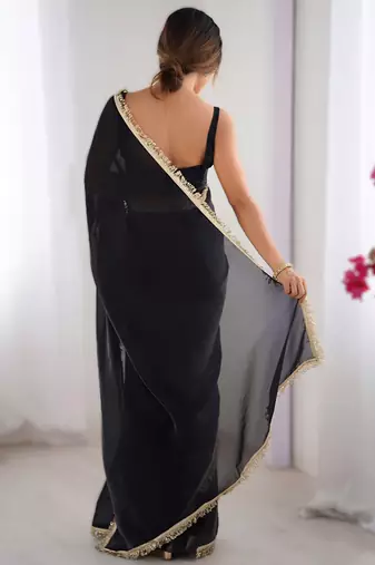 Black soft space silk blend saree with sequin zalar lace border & matching blouse