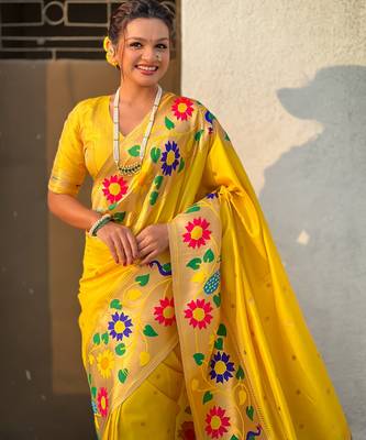 yellow paithani silk blend woven partywear saree 3