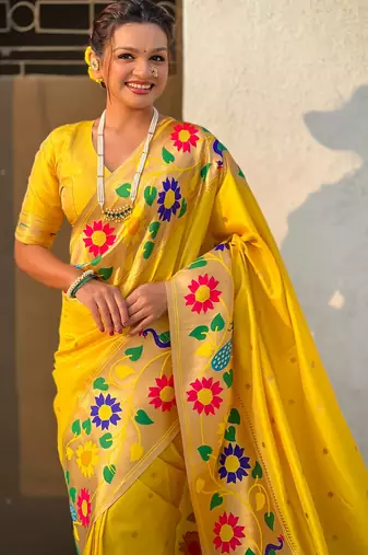 yellow paithani silk blend woven partywear saree