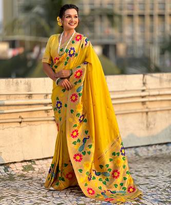 yellow paithani silk blend woven partywear saree 4