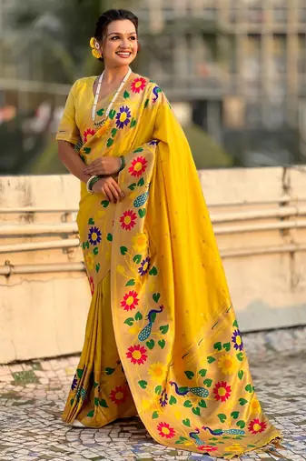 yellow paithani silk blend woven partywear saree