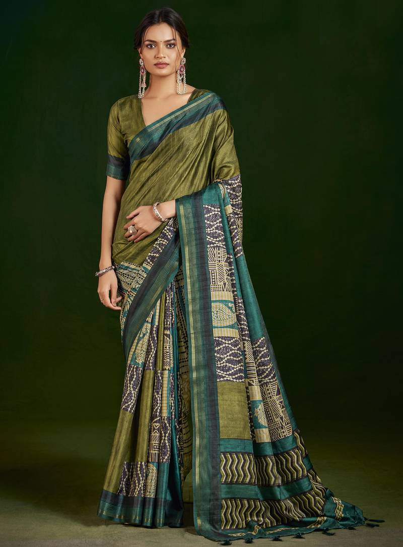 parrot green color gathan silk blend fabric designer digital printed partywear saree
