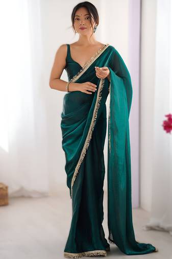 Green soft space silk saree with sequin zalar lace border & matching blouse