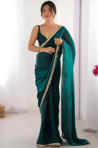 Green soft space silk saree with sequin zalar lace border & matching blouse