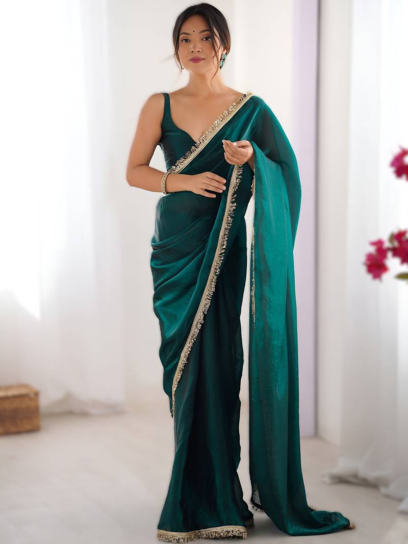 Green soft space silk saree with sequin zalar lace border & matching blouse