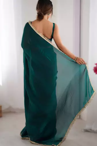 Green soft space silk blend saree with sequin zalar lace border & matching blouse