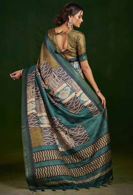 parrot green gathan silk blend digital printed partywear saree 2