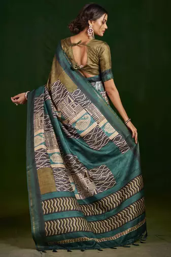 parrot green gathan silk blend digital printed partywear saree