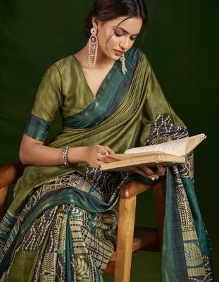 parrot green gathan silk blend digital printed partywear saree 3