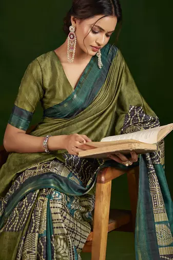 parrot green gathan silk blend digital printed partywear saree