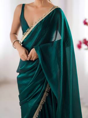 Green soft space silk blend saree with sequin zalar lace border & matching blouse 4
