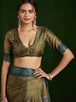 parrot green gathan silk blend digital printed partywear saree 4