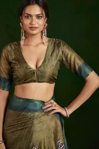 parrot green gathan silk blend digital printed partywear saree