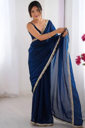 Navy blue soft space silk saree with sequin zalar lace border & matching blouse