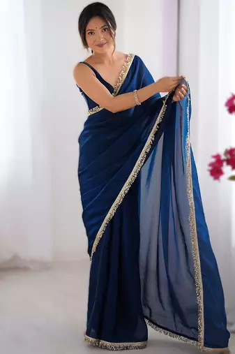 Navy blue soft space silk saree with sequin zalar lace border & matching blouse