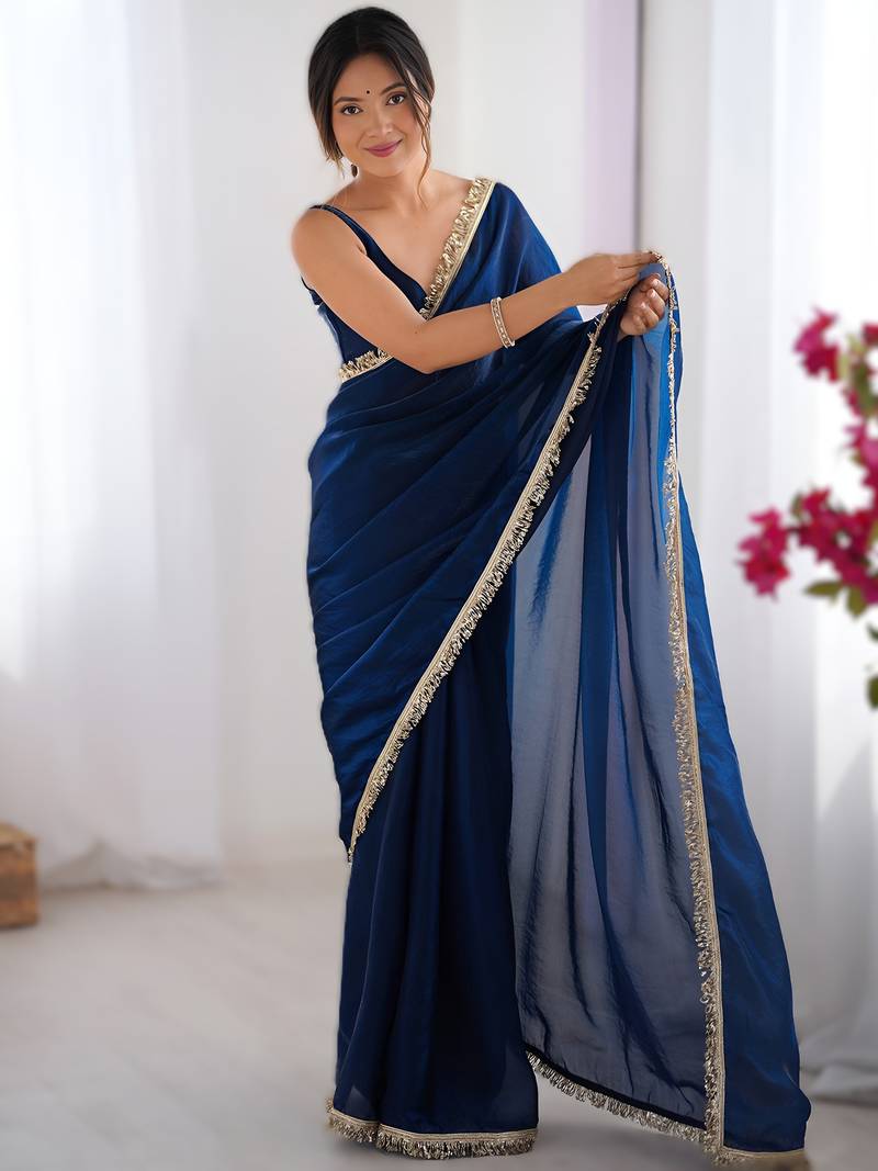 Navy blue soft space silk saree with sequin zalar lace border & matching blouse