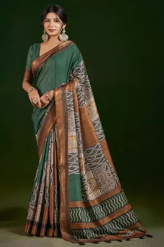 rama color gathan silk blend fabric designer digital printed partywear saree