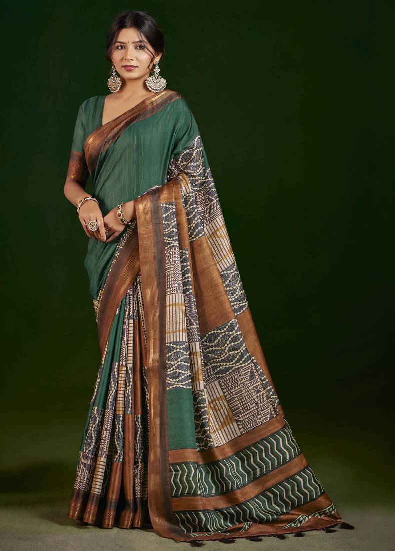 rama color gathan silk blend fabric designer digital printed partywear saree