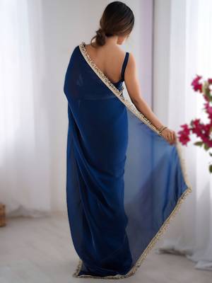 Navy blue soft space silk blend saree with sequin zalar lace border & matching blouse 2