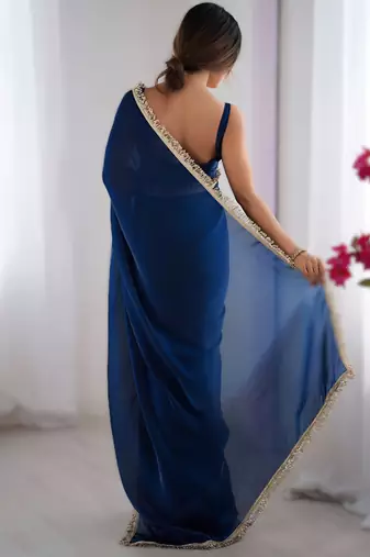 Navy blue soft space silk blend saree with sequin zalar lace border & matching blouse
