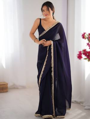 Purple soft space silk blend saree with sequin zalar lace border & matching blouse 1