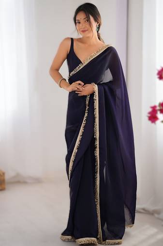 Purple soft space silk saree with sequin zalar lace border & matching blouse