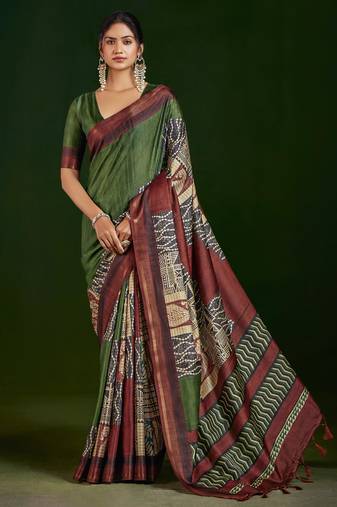 mahendi color gathan silk blend fabric designer digital printed partywear saree