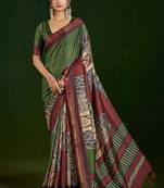 mahendi color gathan silk blend fabric designer digital printed partywear saree